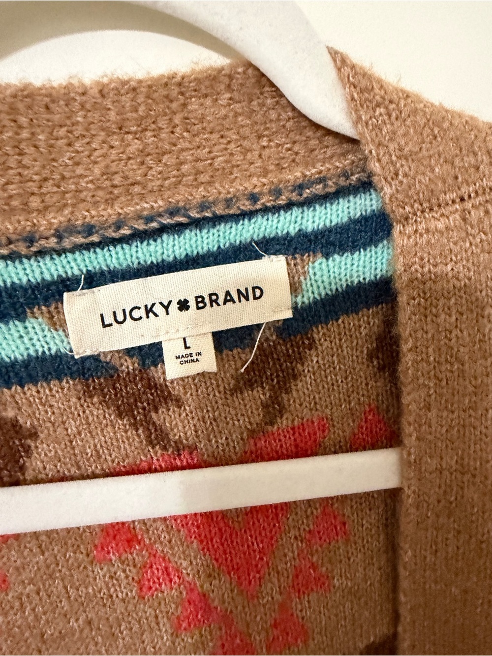 Lucky Brand Tan Cardigan with Coral and Teal Accents